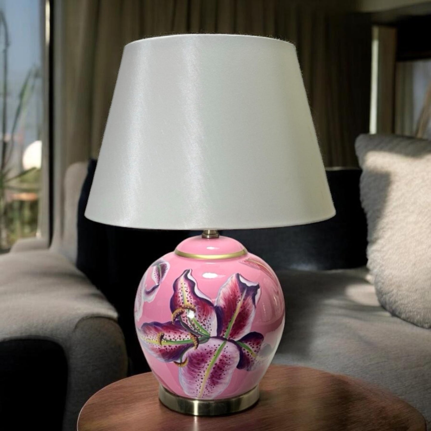AcaciaHome Durable 40cm Floral Ceramic Table Lamp with White Drum Shade, Decorative Oriental Pattern Bedside Lamp, Modern Floral Design for Living Room, Bedroom, Dining Room & Study