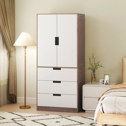HOMCOM Modern Clothes Storage Cupboard Unit, 3 Drawer 2 Door Wardrobe with Hanging Rod, White/Brown