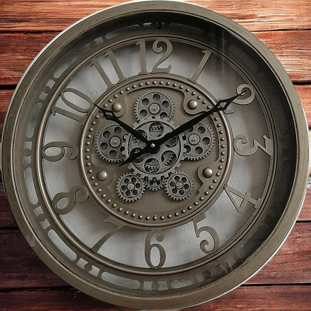 Stylish & Premium Elegant Wall Clock with Moving Gears - Round Metal Frame, Art Deco Style, Quartz Battery Movement for Dining Room, Living Rooms, Office, or Home Office Décor. (Grey Globe 46cm)