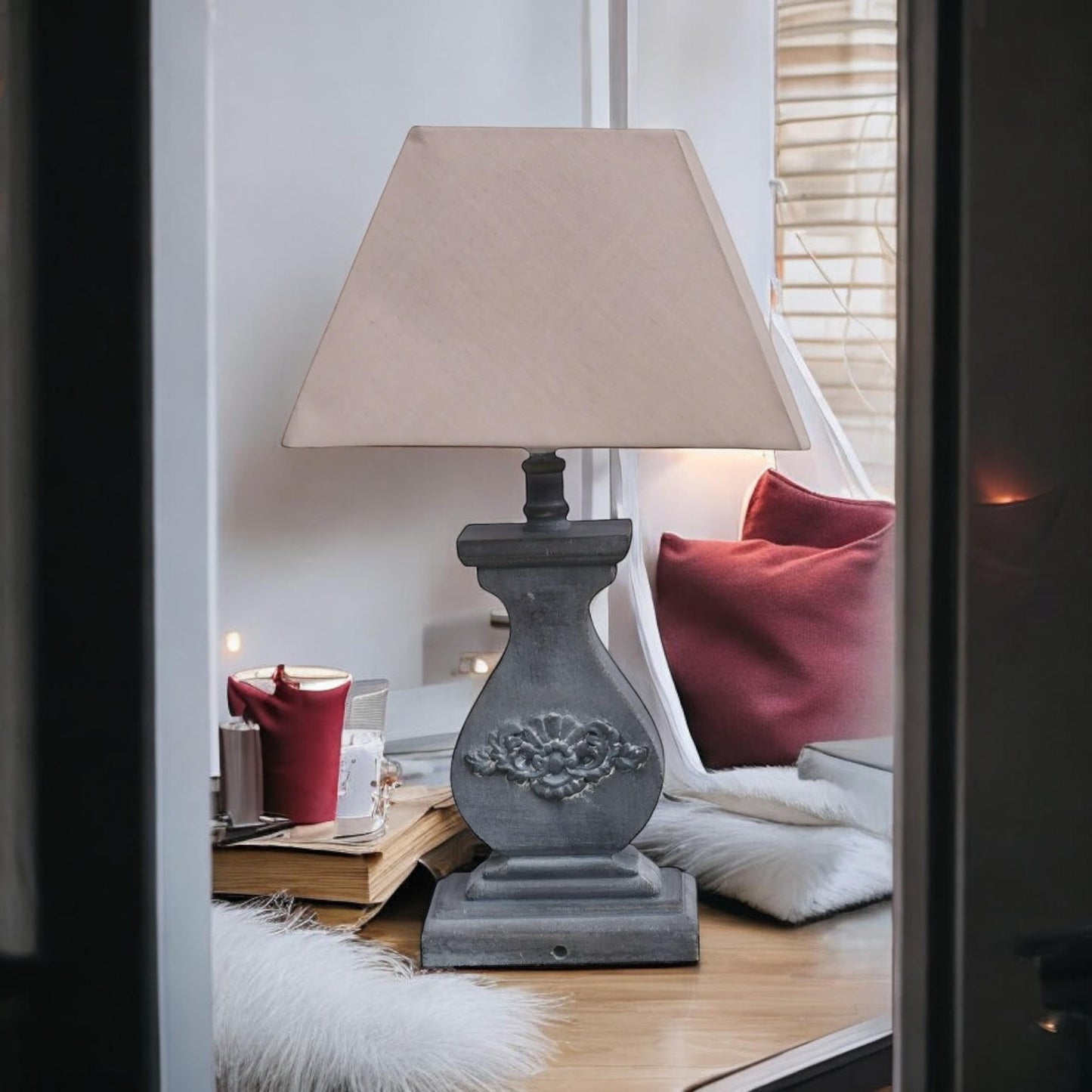 Modern Tall Wooden Washed Table Lamp - Traditional Shabby Chic Design with Taupe Linen Shade, Wood Effect Finish for Living Rooms, Bedrooms, or Hallways Decor (32cm Light Blue with Cream Shade)