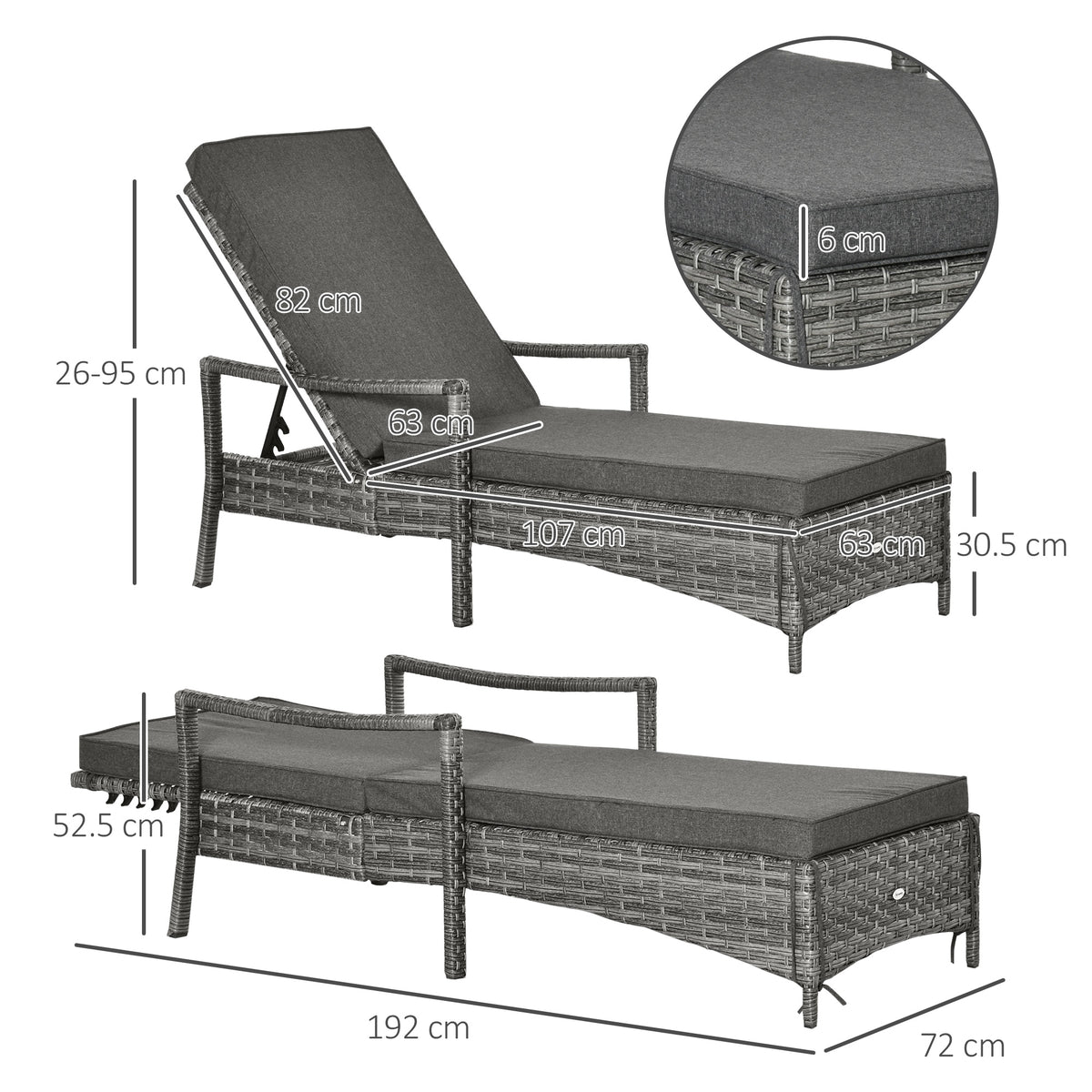 Outsunny Patio Rattan Sun Lounger, Dual Wicker Weave Outdoor Single Reclining Chair Furniture, 5-Level Adjustable Backrest w/ Removeable & Washable Cushion, Mixed Grey