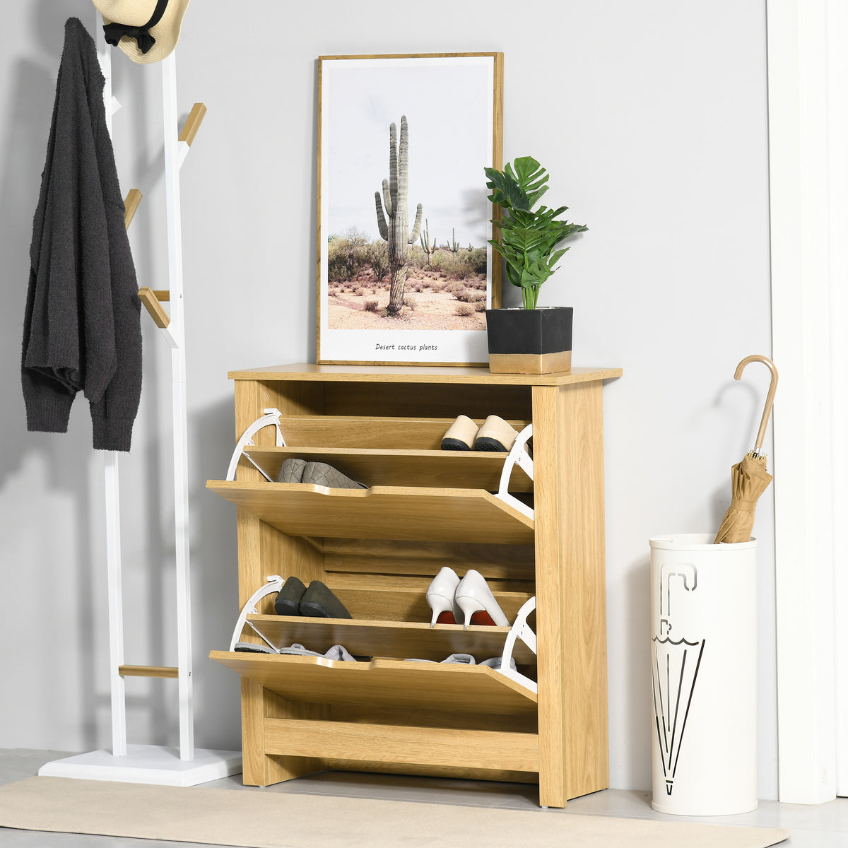 HOMCOM Narrow Shoe Cabinet, Space Saving Shoe Storage Cabinet with 2 Flip Drawers and Adjustable Shelves for 6-12 Pairs of Shoes for Hallways and Living Room, Natural Wood Finish