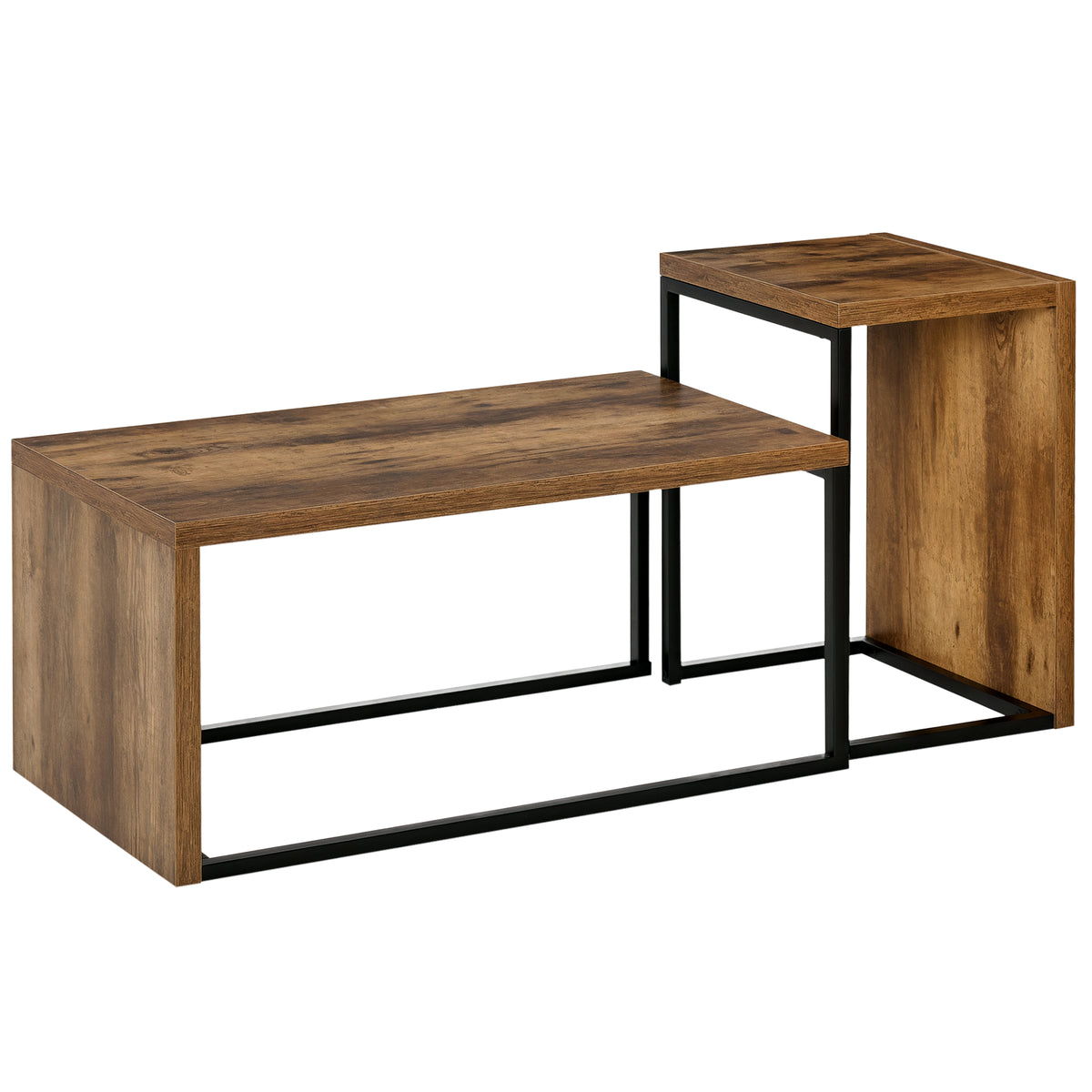 HOMCOM Nesting Coffee Table Set of 2, Industrial Stacking Side End Tables with Metal Frame for Living Room, Bedroom, Rustic Brown