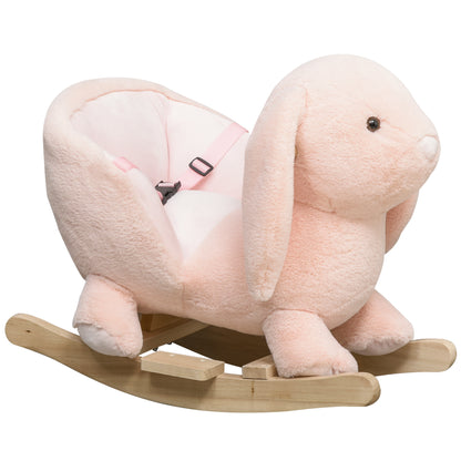 HOMCOM Baby Rocking Horse, Plush Ride On Horse, Rabbit Ride-On Toy with Sound, Wood Base, Seatbelt, for Ages 18-36 Months, Pink