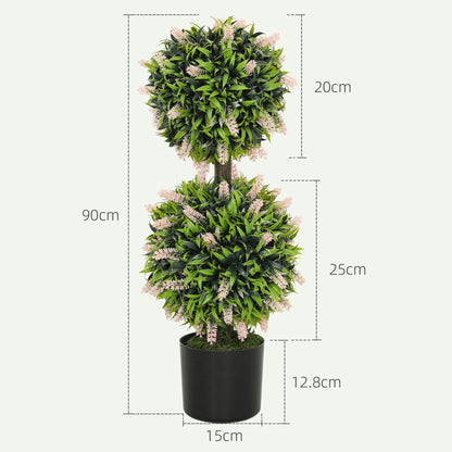 HOMCOM Set of 2 Artificial Plants, Lavender Flowers Ball Trees with Pot, for Home Indoor Outdoor Decor, 70cm