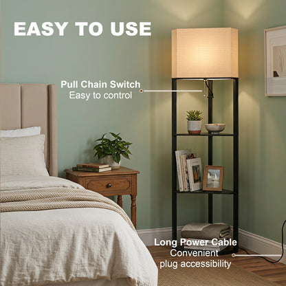 HOMCOM Corner Floor Lamp with Shelves, Tall Standing Lamps for Living Room, with Pull Chain Switch Bulb not Included, Black