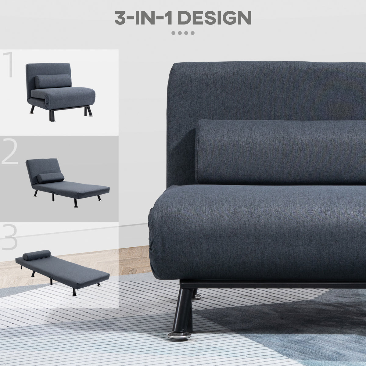 HOMCOM Single Sofa Chair Bed, Linen Fabric 3-in-1 Convertible Sleeper Chair with 5-Position Adjustable Backrest, 75cm Wide Seat, Pillow for Living Room, Bedroom, Black