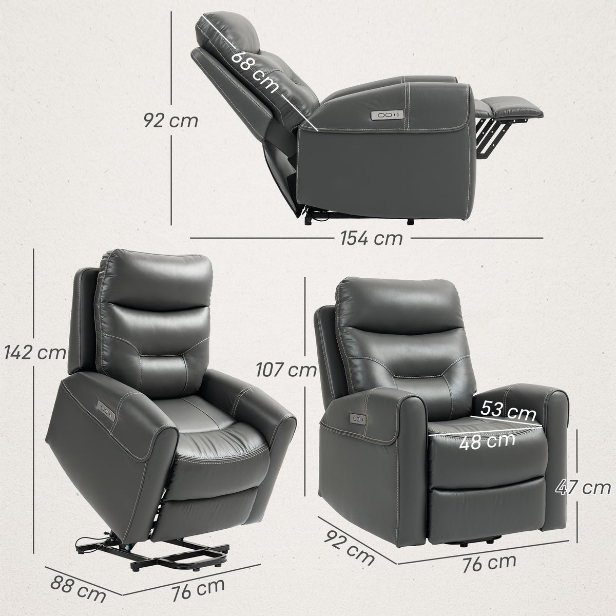 HOMCOM Power Lift Recliner Chair for Elderly, Overstuffed Faux Leather Riser and Reclining Chair with USB A+C Ports, Recliner Armchair for Living Room, Charcoal Grey