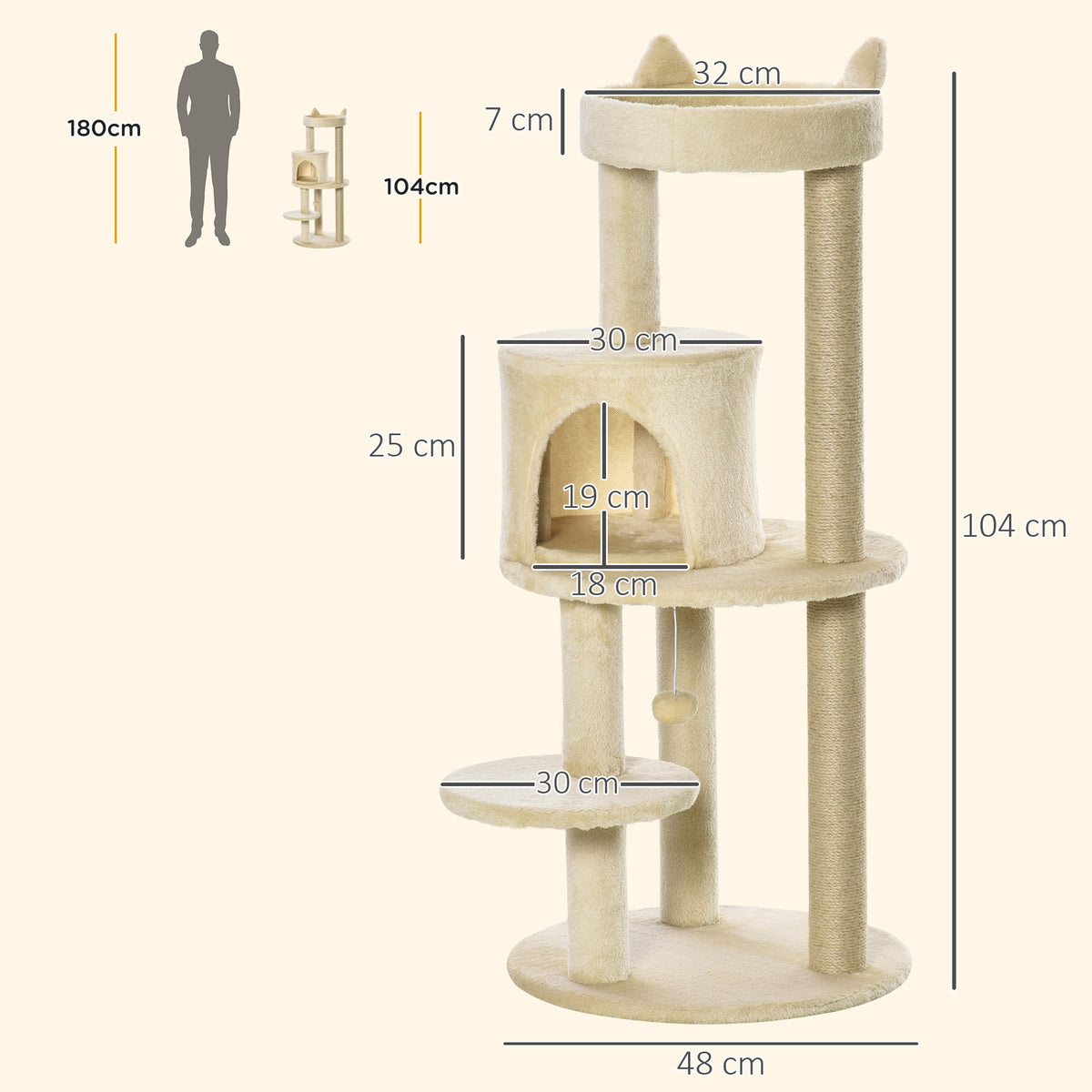 PawHut 104 cm Cat Tree, Cat Condo Tree Tower, Cat Activity Centre with Scratching Posts, Plush Perches, Hanging Ball - Cream White