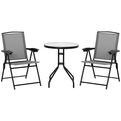 Outsunny 3 Piece Outdoor Bistro Set, Patio Conversation Furniture Set with 2 Folding Backrest Adjustable Armchairs and Glass Top Coffee Table, Grey