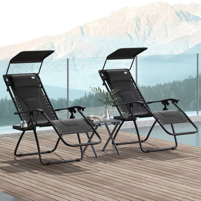 Outsunny Zero Gravity Lounger Chair Set of 2, Folding Reclining Patio Chair with Shade Cover, Padded Seat, Cup Holder, Soft Cushion and Headrest for Poolside, Camping, Black