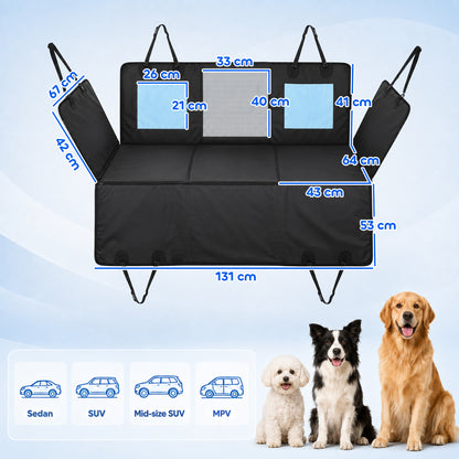 PawHut Dog Car Seat Cover, Waterproof Dog Travel Hammock w/ Non-Slip & Anti-Scratch Surface, Mesh Window and Pockets, Blue