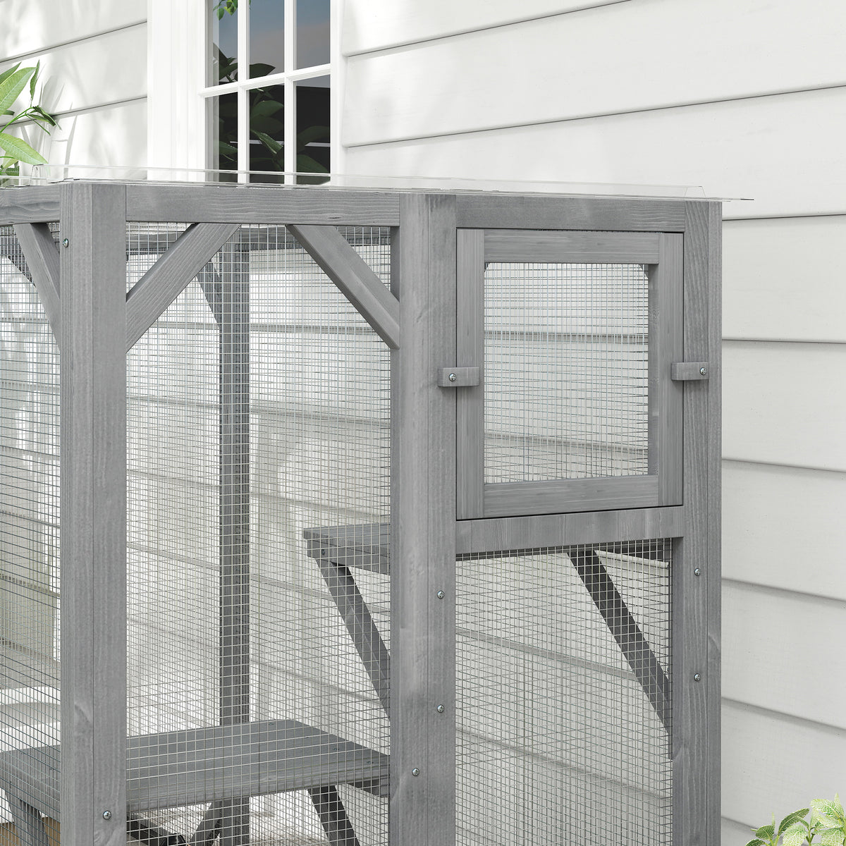 PawHut 71" Outdoor Wooden Cat House with Three Platforms, Large Door, Water-Resistant Roof, for Multiple Cats, Grey