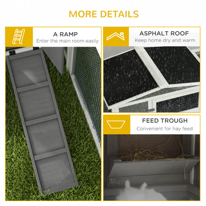 PawHut Rabbit Hutch with Ramp Wooden Guinea Pig Hutch Outdoor Bunny Cage with Sliding Tray, Hay Rack, Grey