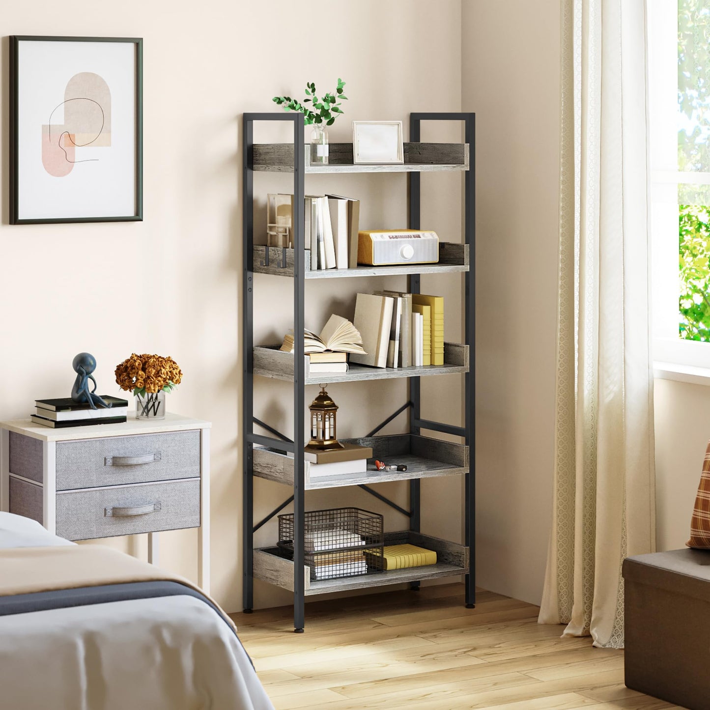 YITAHOME 5 Tier Bookcase, Floorstanding Wooden Shelves with Stable Steel Frame Shelving Unit