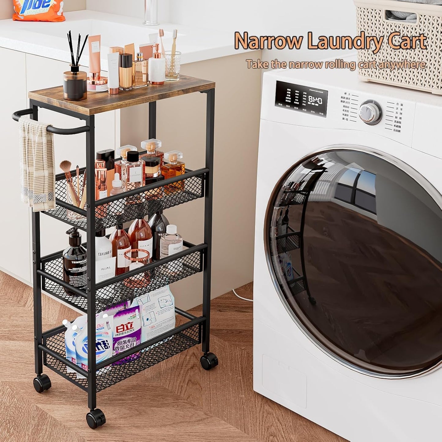 Dazioter Slim Rolling Cart 4 Tier Narrow Storage Cart on Wheels with MDF Board Top and Metal Handle for Small Space Kitchen Living Room Home Office