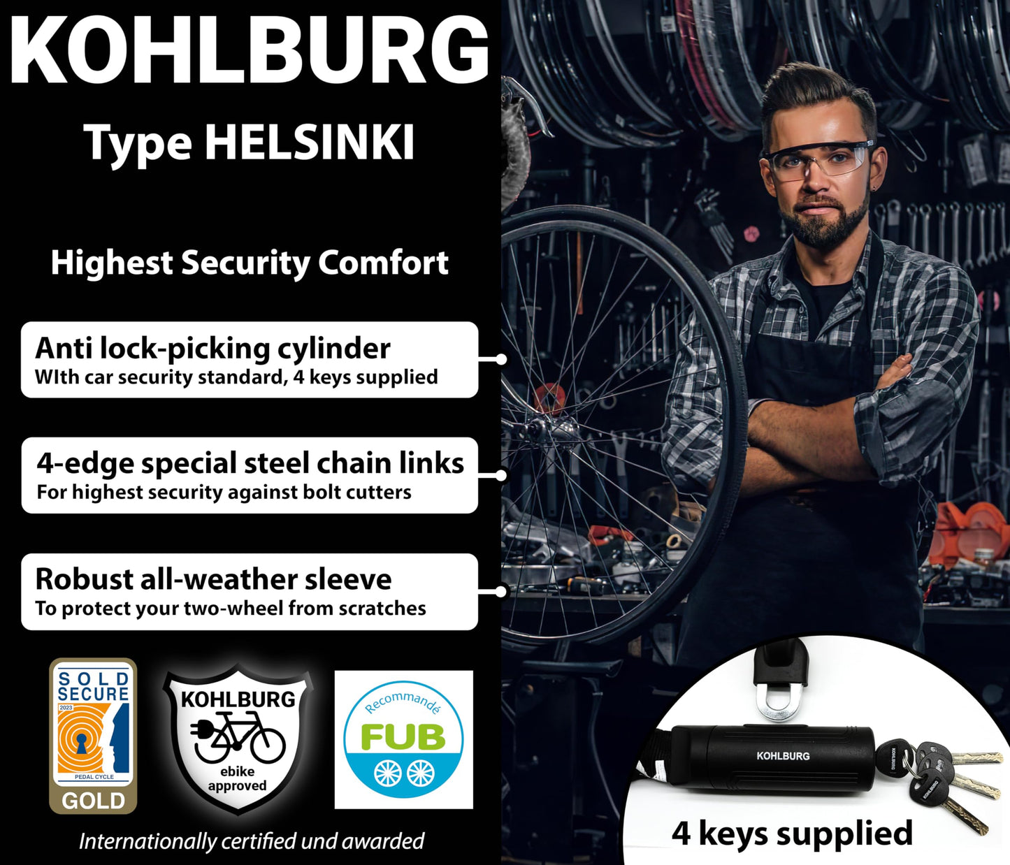 KOHLBURG Security Chain Lock Sold Secure Gold - 4ft / 120cm Extra-Long Bicycle Lock - high Security Standard - Heavy Duty Lock 0.33" Strong - Secure