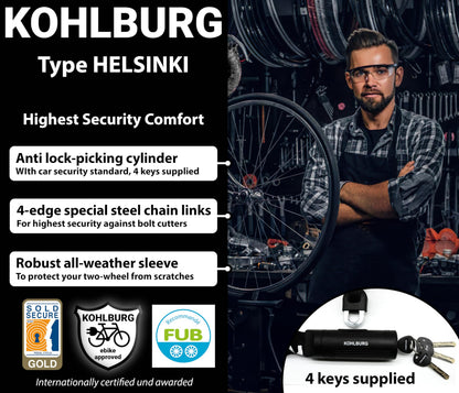 KOHLBURG Security Chain Lock Sold Secure Gold - 4ft / 120cm Extra-Long Bicycle Lock - high Security Standard - Heavy Duty Lock 0.33" Strong - Secure