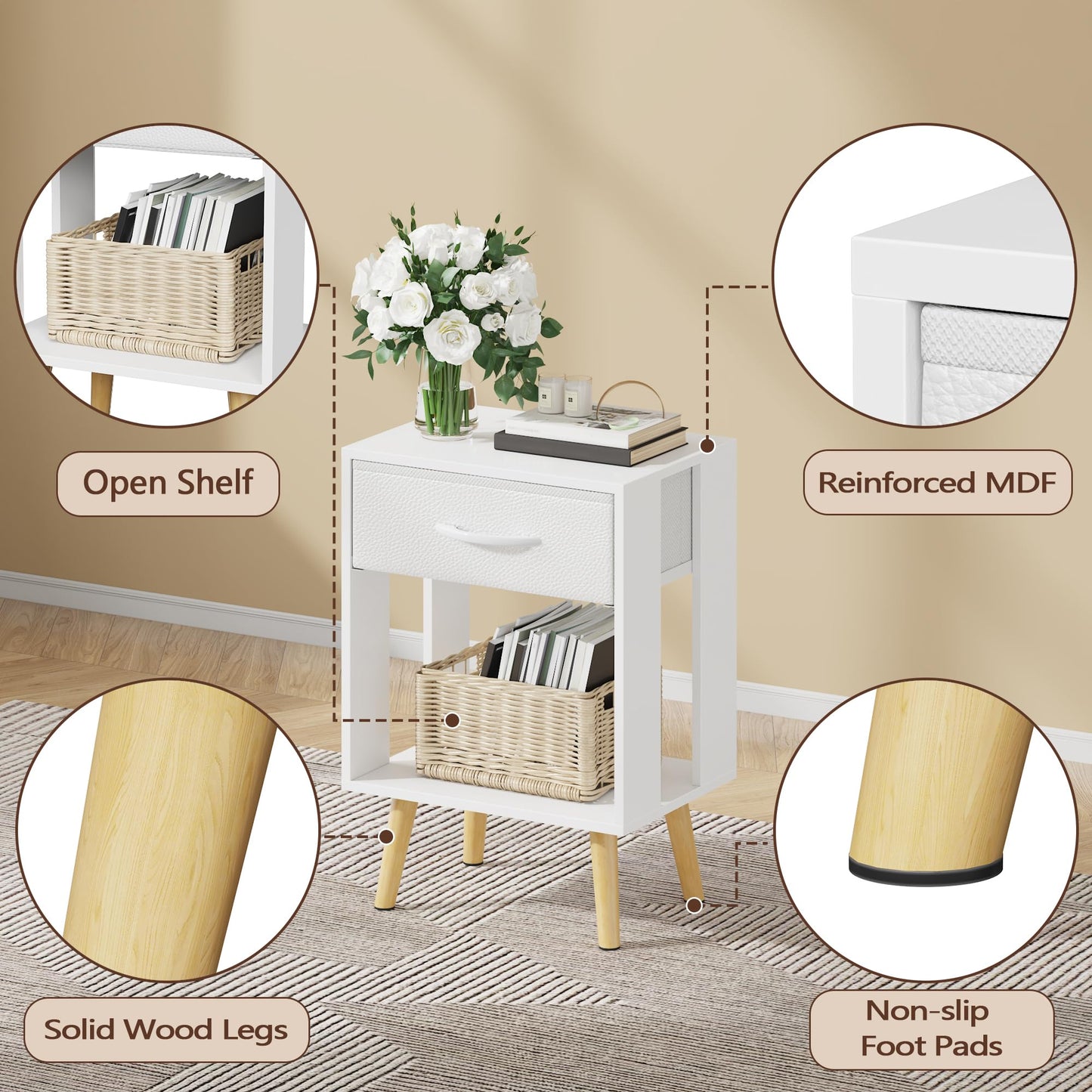 OYRREU White Bedside Table Set of 2 with Drawers & Open Shelf for Bedroom