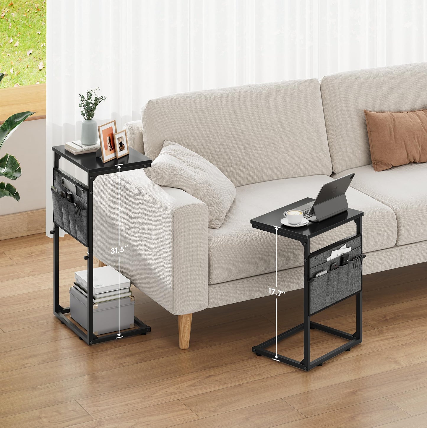 Vagusicc C-Shaped Side Table, Height Adjustable Sofa Side Table, Bedside Table with Cloth Storage Bag, C Table, End Table for Small Spaces