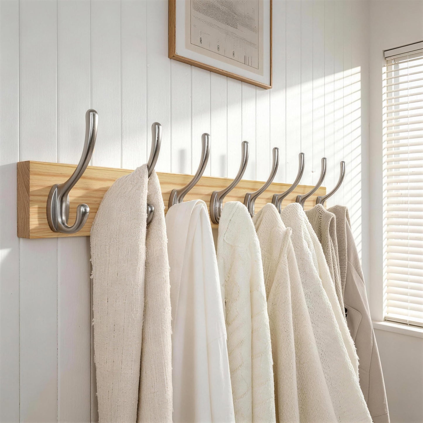 HONSKY Wall Coat Rack - 8 Double Hooks (56cm) | Wooden & Metal Towel/Coat Hanger for Entryway, Bathroom, Bedroom, Garage | Easy Install