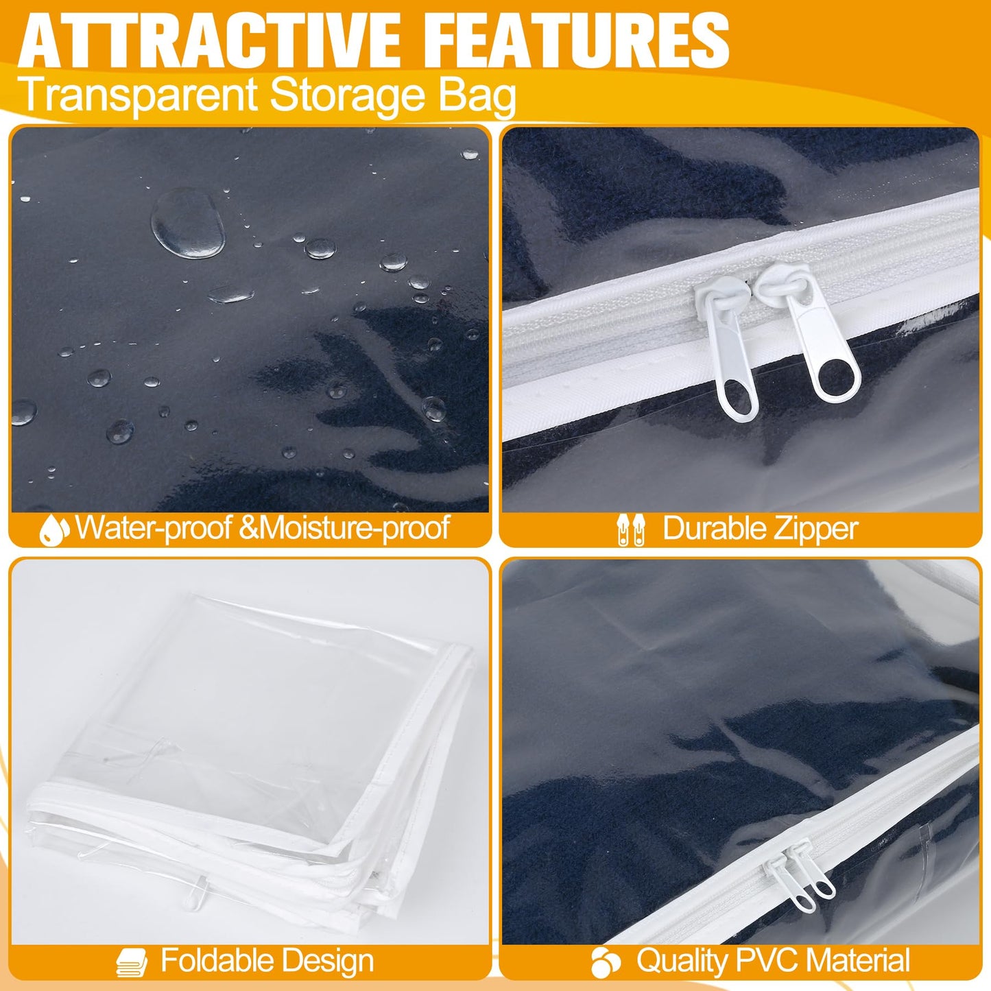 Plastic Storage Bags with Easy-Glide Zipper, Pack of 6, Durable Clear Vinyl Zippered Storage Bags for Clothes Sweaters Comforters Blankets Sheets