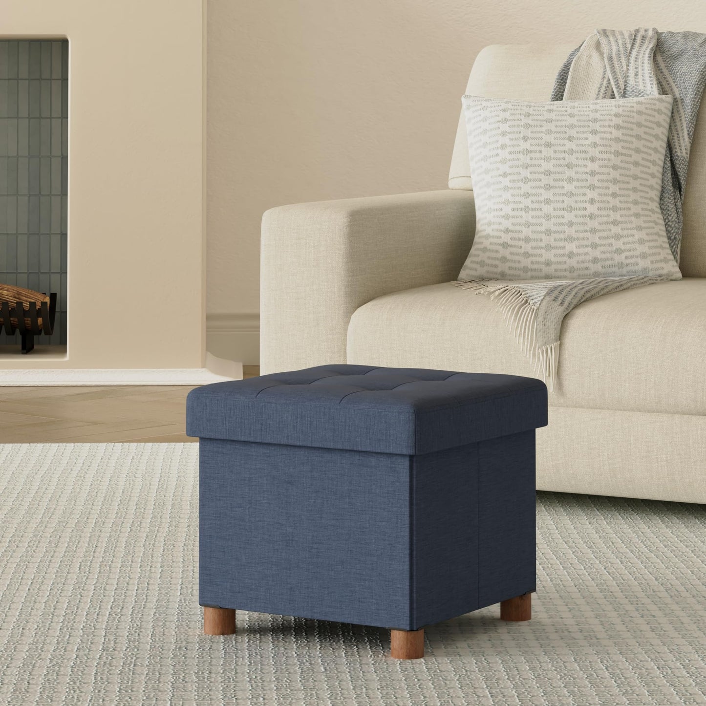 BRIAN & DANY Folding Storage Ottoman with Wood Legs, Linen Foot Stool, Storage Chest with Highly Elastic Sponge Filling, Navy Blue, 38 x 38 x 38 cm