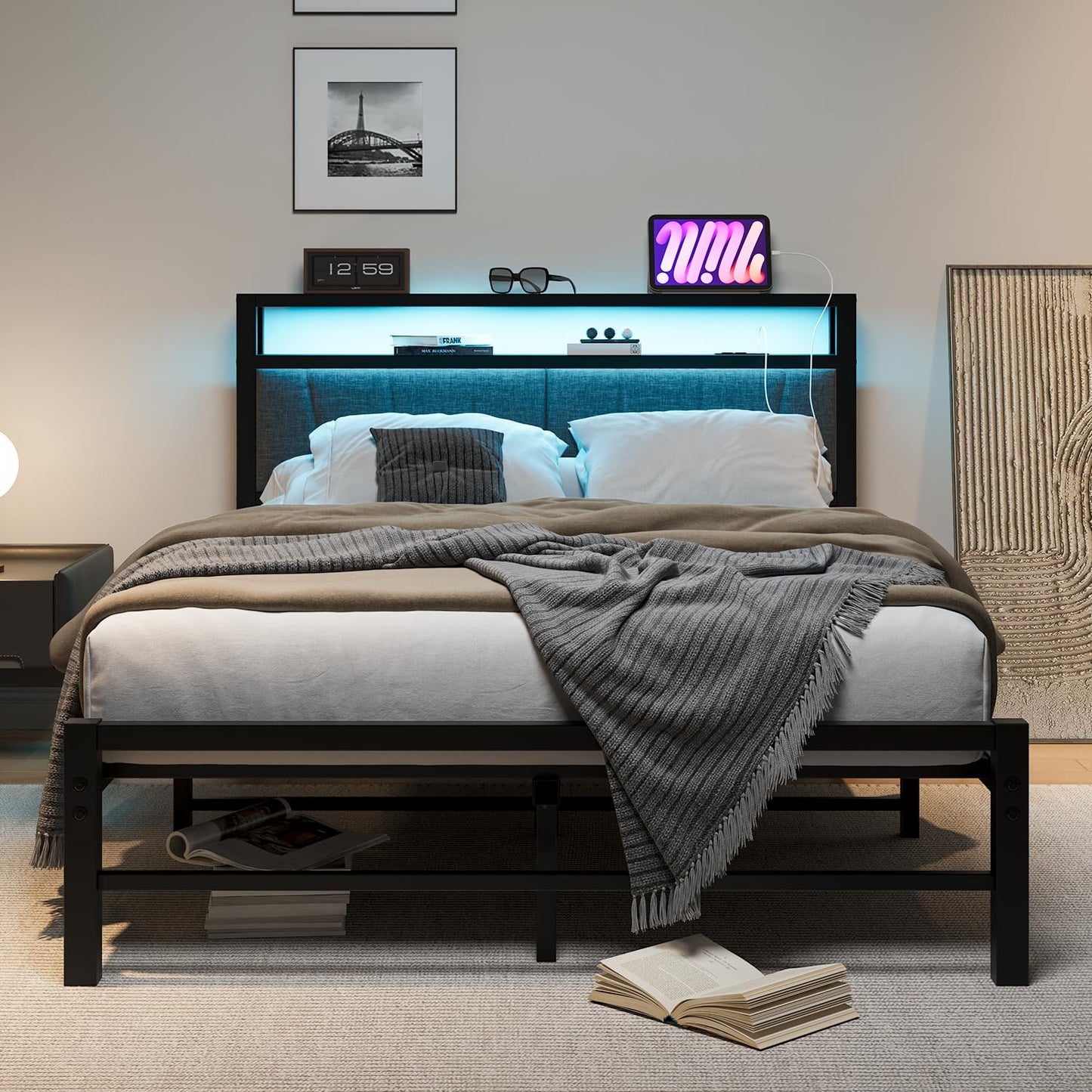 BORPHOM King Size Bed Frame with Storage and LED Lights,5ft Metal Platform Bed Frame King Size Bed Base with Charging Station,Mattress Base,Strong