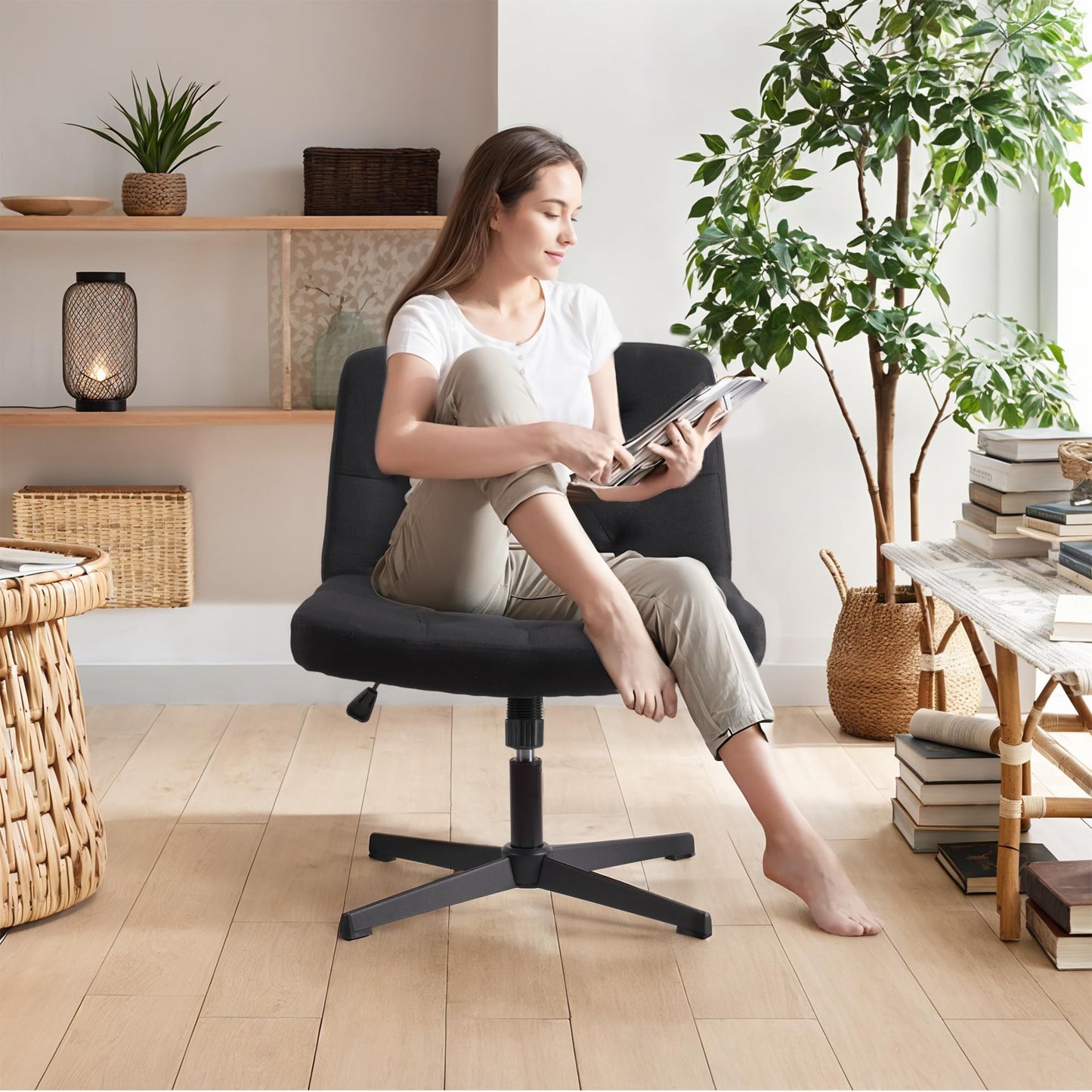 WangPangzi Armless Desk Chair, Cross legged Vanity chair with Wide Seat and No Wheels, Cotton-Linen Fabric, for Home Office, Study, Bedroom(Black)