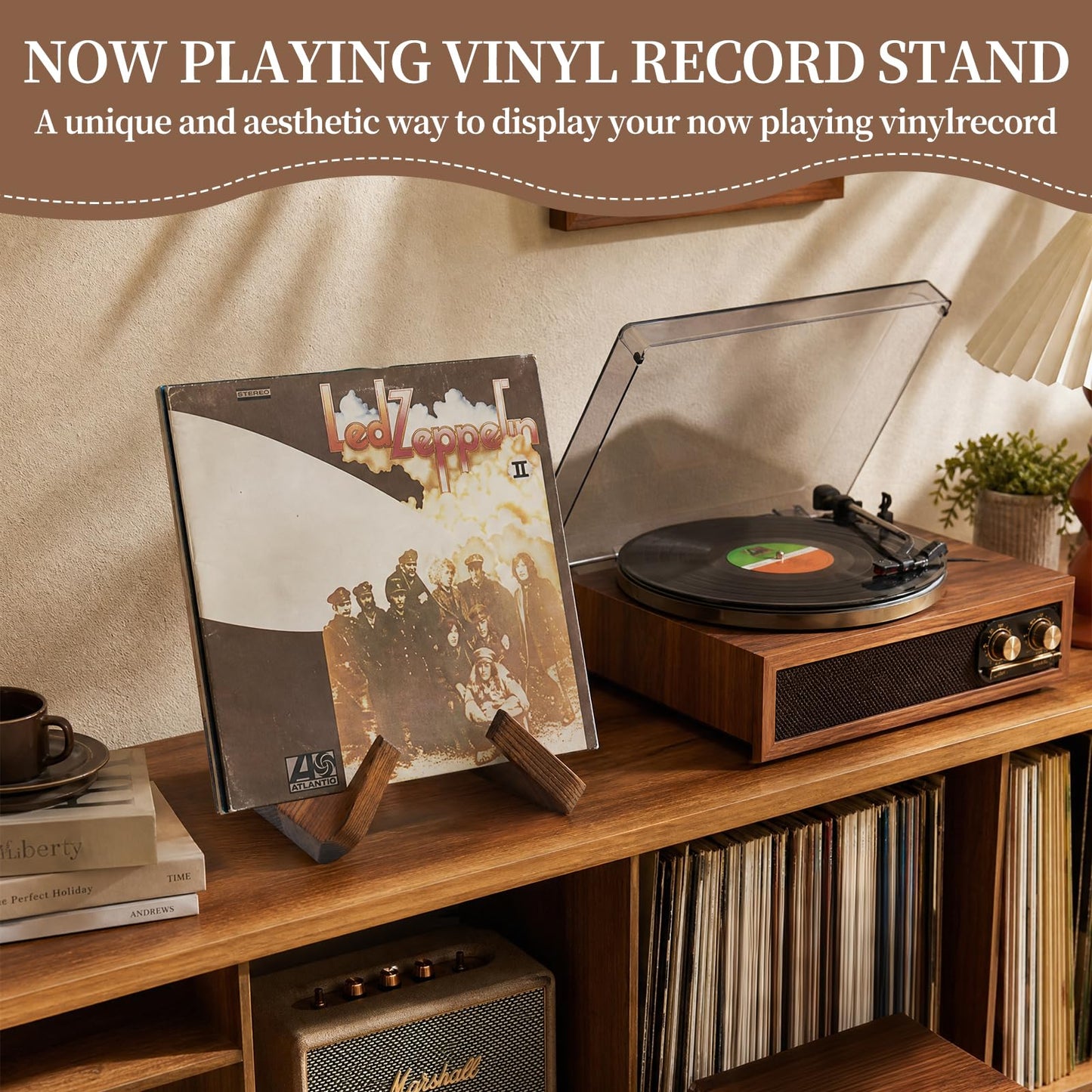 Ligseax Now Playing Vinyl Record Stand – Solid Wooden Record Holder