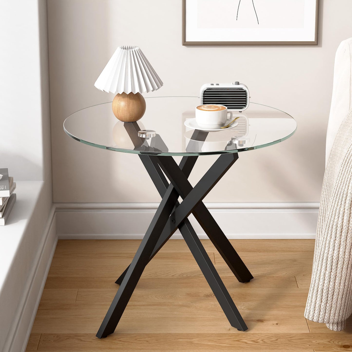 GOLDFAN Glass Side Table High Gloss Round End Table with Tempered Glass Top and Metal Tubular Legs