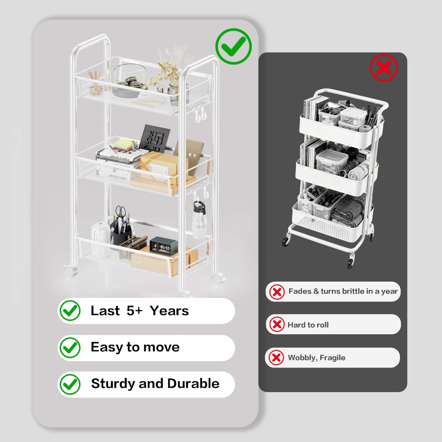 Goeasyoii 3/4/5 Tier Rolling Cart, Metal Storage Cart,Space-Saving Kitchen Cart with Castors,Shelving Organizer for Kitchen, Bathroom, Laundry Room