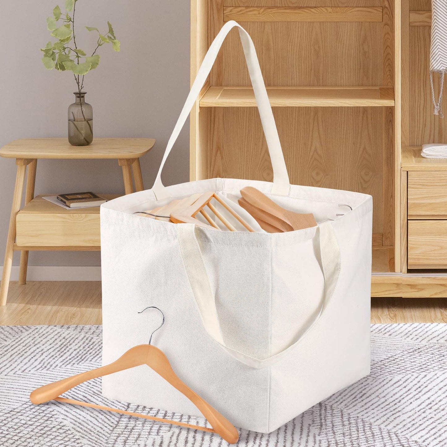 Square Hanger Storage Bag with Handles, Large Capacity Foldable Canvas Clothes Hanger Organizer Box for Wardrobe Storage Space Saving White (Square)