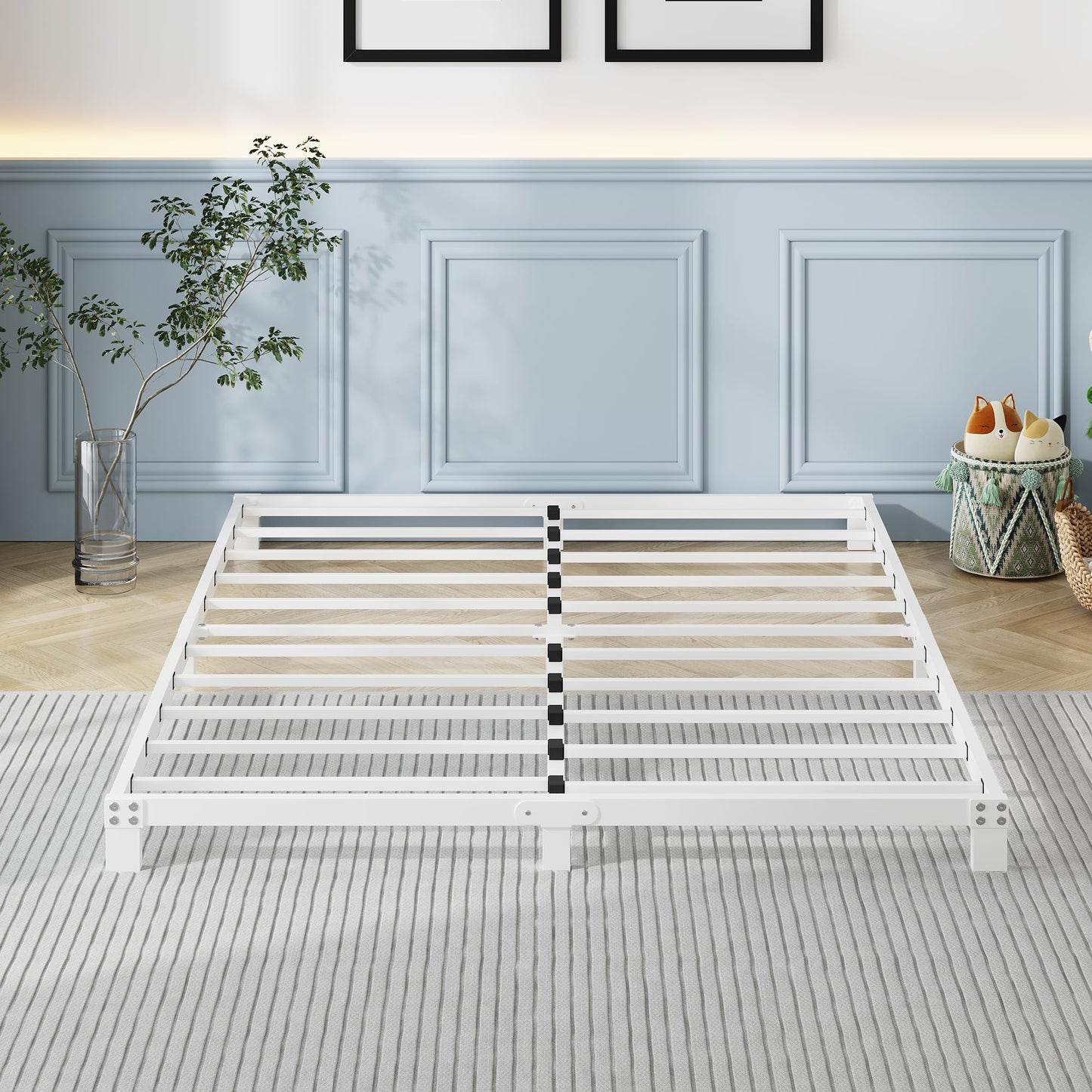 VERFARM 12cm Low 4ft6 Double Bed frame, Metal Bed 135x190 cm, Double Size Heavy Duty Metal Platform Bed Frame with Steel Slat Support