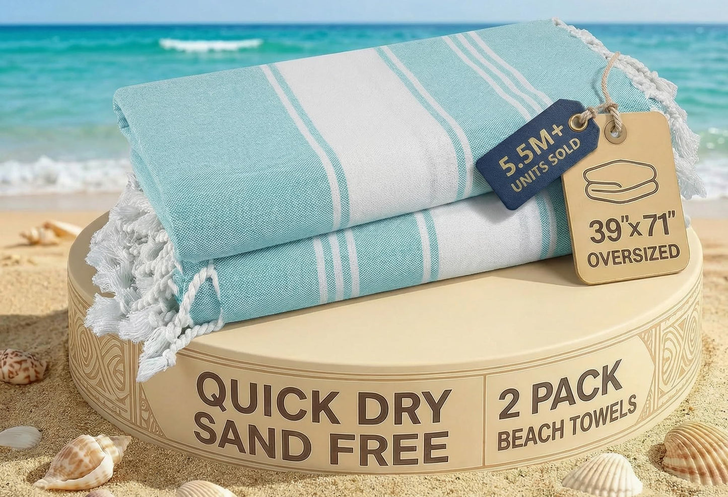LANE LINEN Turkish Beach Towel with Beach Bag, 2 Pack Beach Towels Oversized, 39"x71", Pool Towel, Oversized, Highly Absorbent