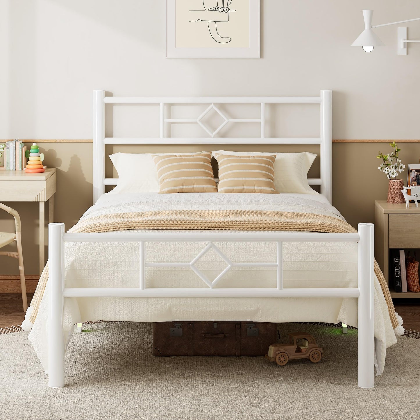 Feonase Single Bed Frame with Headboard and Footboard, Metal Platform Bed Frame Single with Underbed Storage, Solid Metal Slats Support