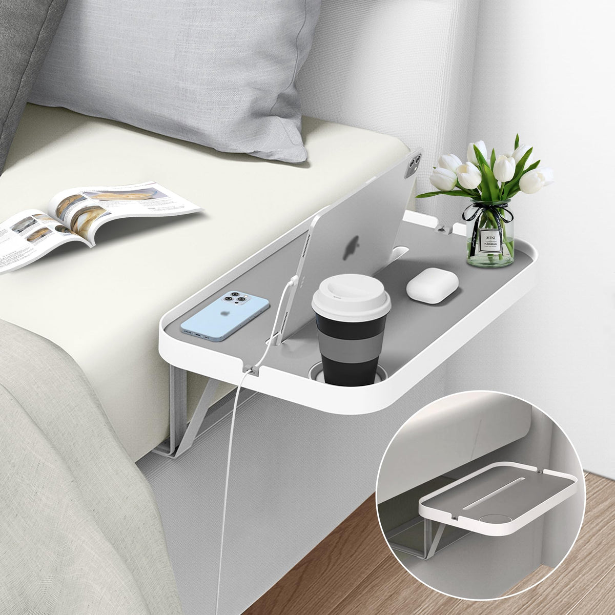 KIWIFOTOS Bedside Shelf for Bed without Side Frame, Nightstand Tray for Platform Bed with Cup Holder, Cable Organizer, Mute DesignModel-L