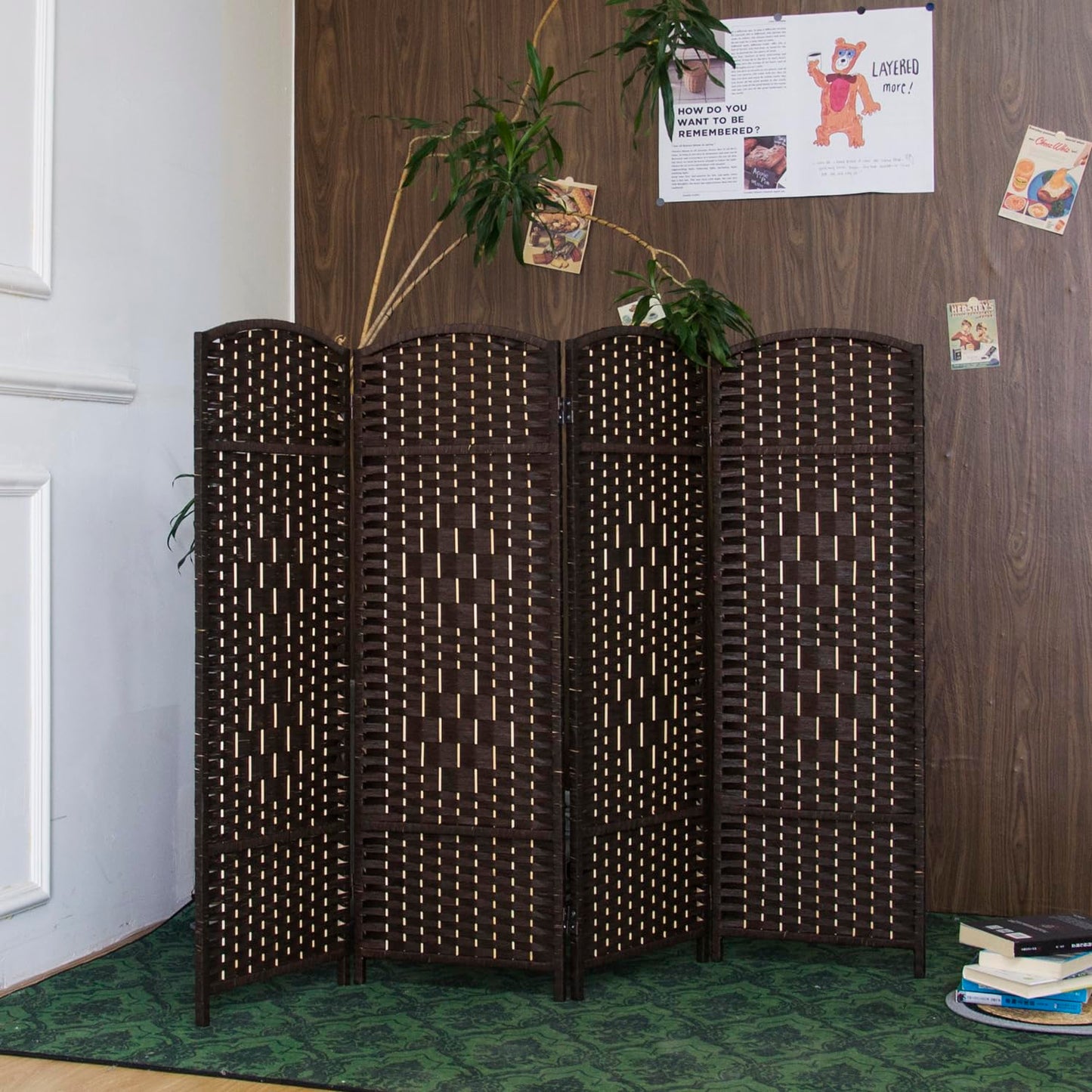 Furnnylane 4 Panel Dark Brown Rattan Divider Short Room Partition Screen,Double Sided Short Folding Divider for Room Separation,120 cm Tall