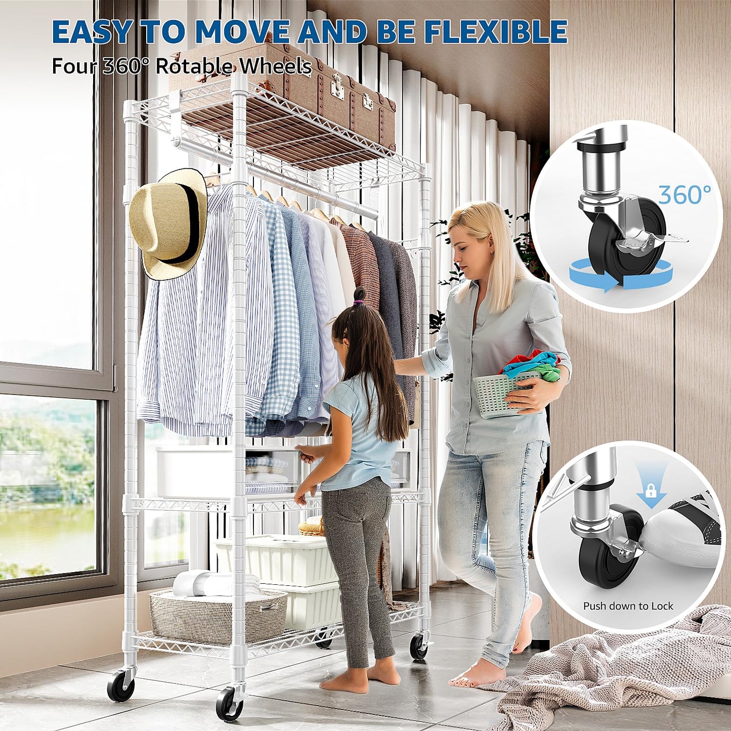 M MZG Heavy Duty Rolling Garment Rack 3 Tiers Adjustable Wire Shelving Clothes Rack with Rods and Side Hooks,Storage Closet Clothing Rack with Wheels