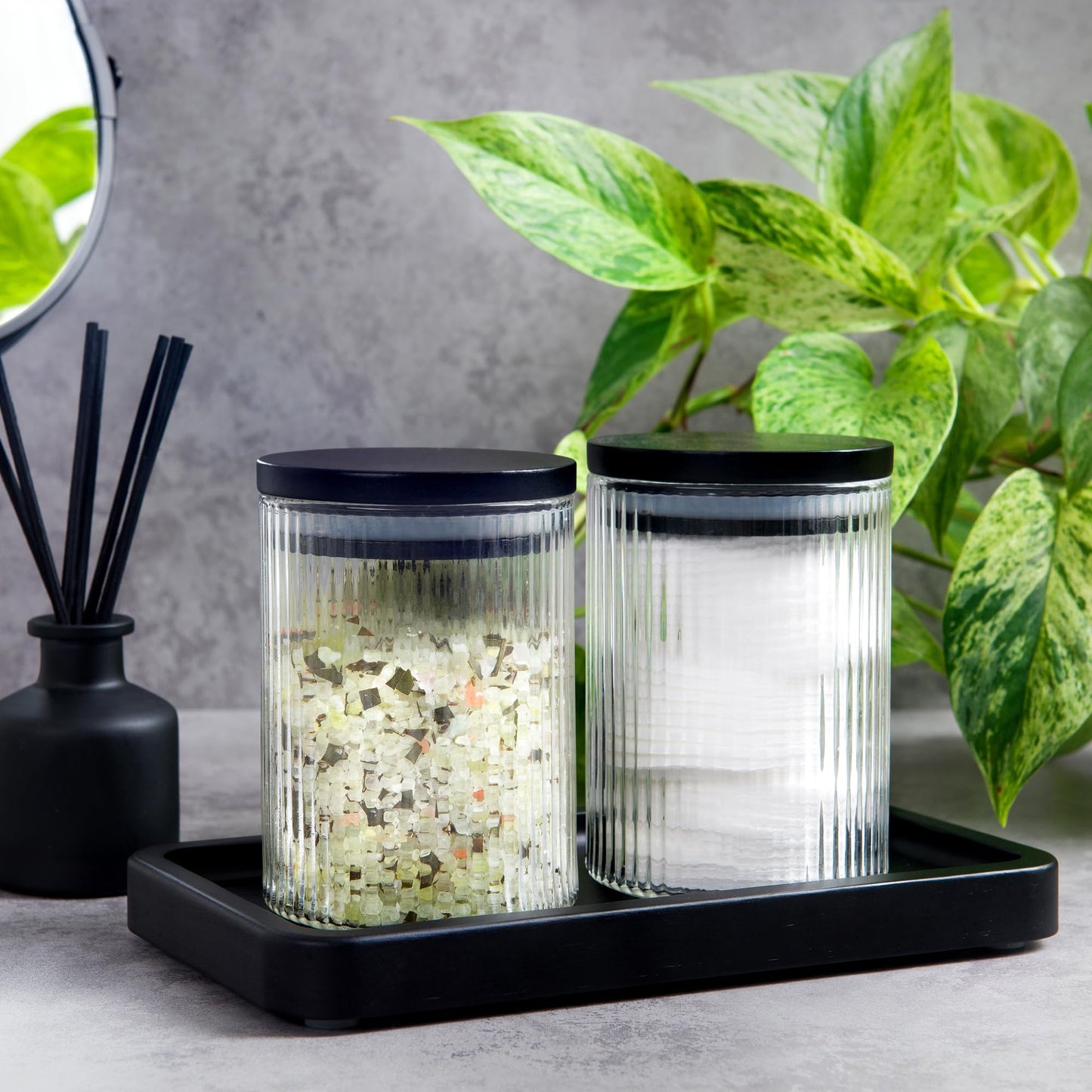 Mason & Fable Ribbed Glass Bathroom Jars with Airtight Black Bamboo Lids | Cotton Pad/Buds/Q tip Holder