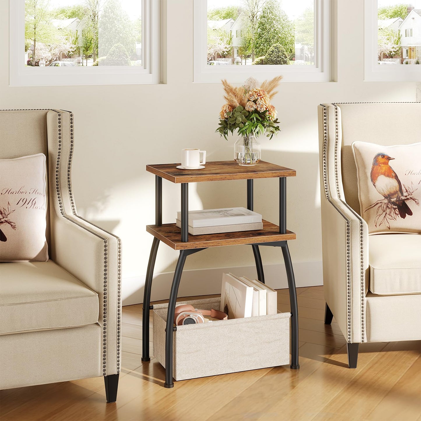 HOOBRO Narrow Side Table, 3-Tier Small Table with Linen Storage Basket, Sofa Side Tables for Small Space