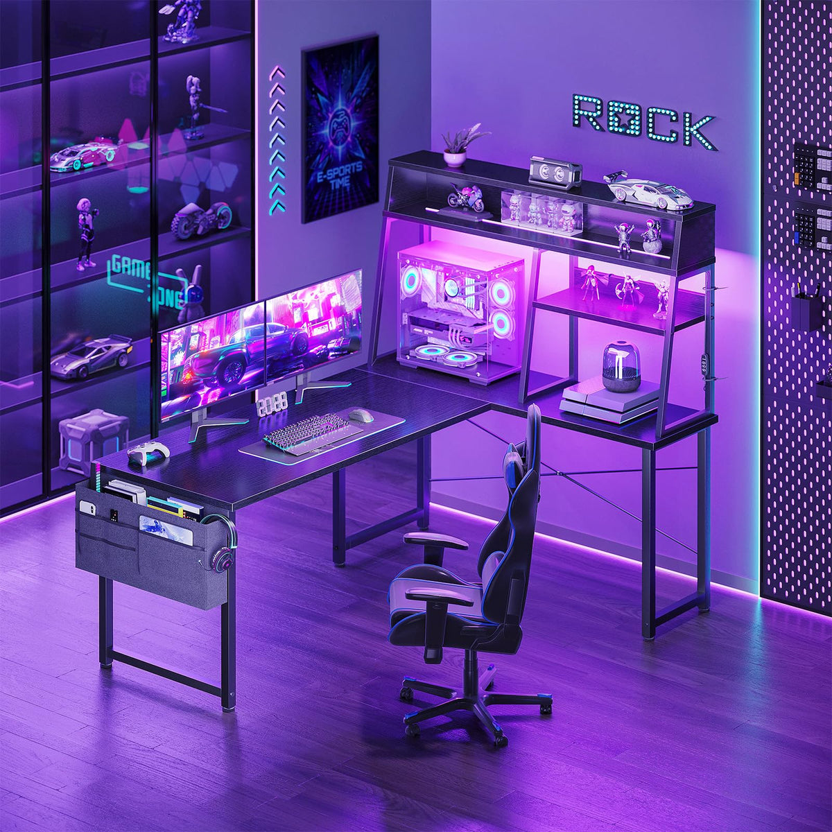 Coleshome L Shaped Gaming Desk with Led Lights, 130×100 cm, Black