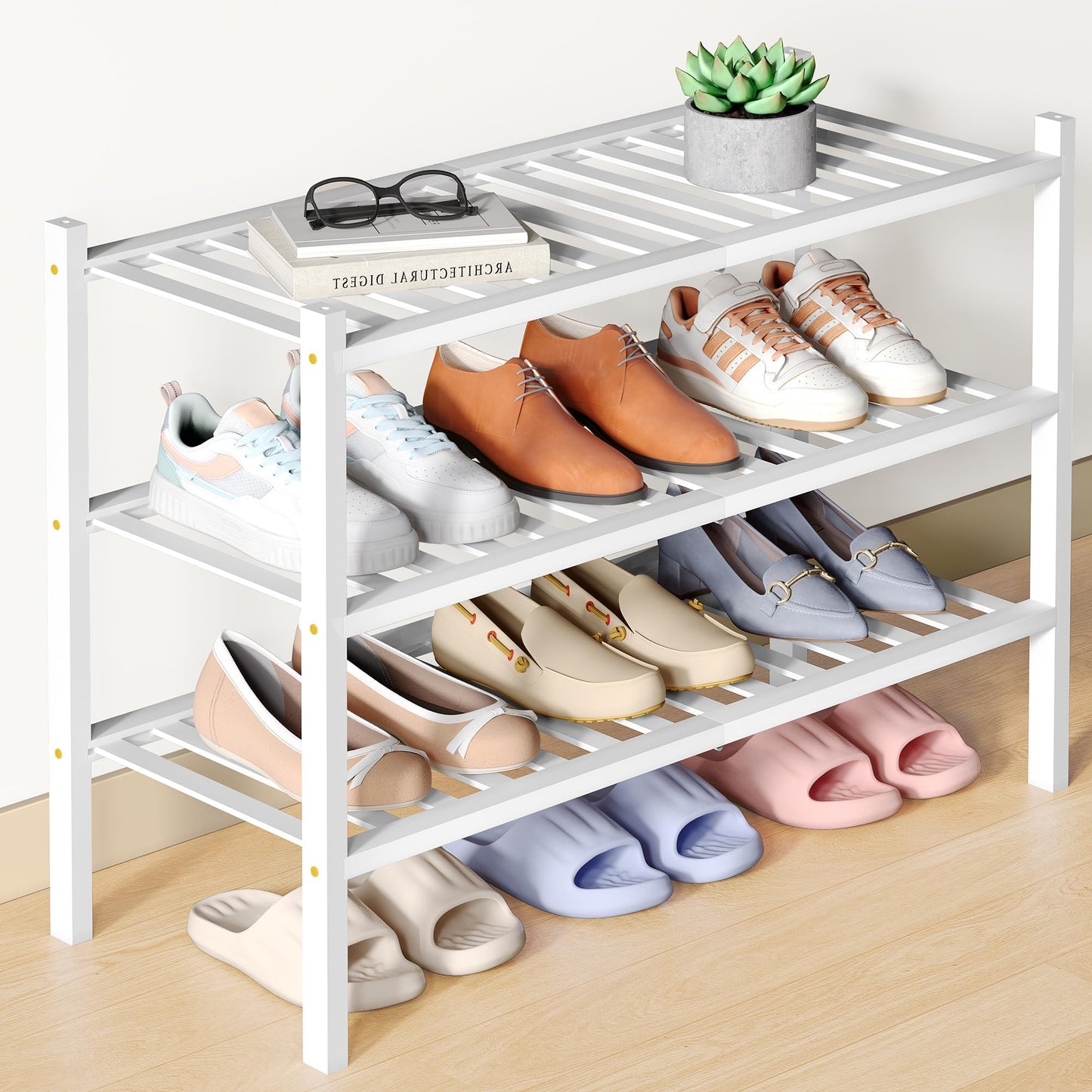 smiry Natural Bamboo Shoe Rack, 3 Tier Wooden Stackable Shoe Storage Organiser, Free Standing Shoes Storage Shelf for Entryway, Hallway, Small Spaces