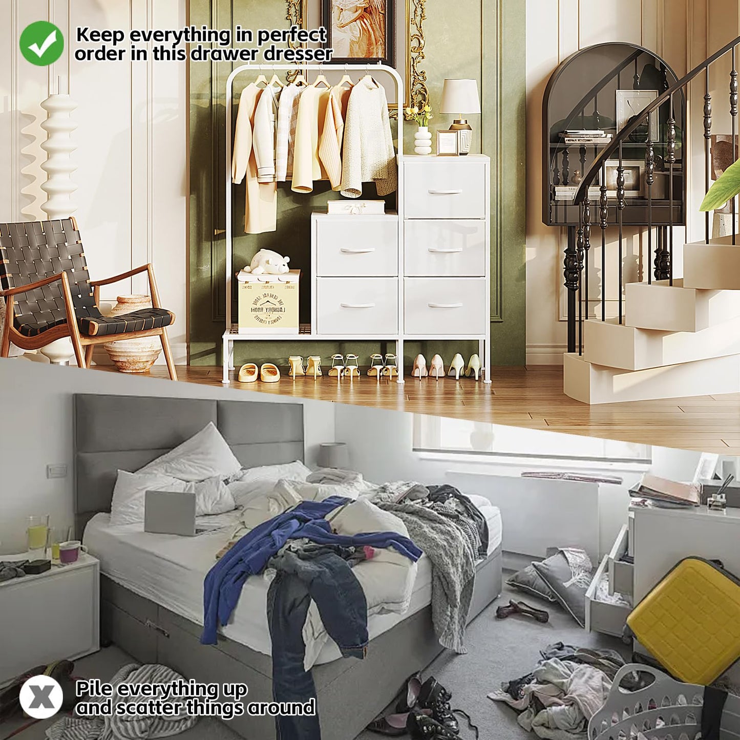 COTUBLR Chest of Drawers Bedroom, Including 4 Fabric Drawers, with a Sturdy Clothes Rail and 2 Coat Hooks