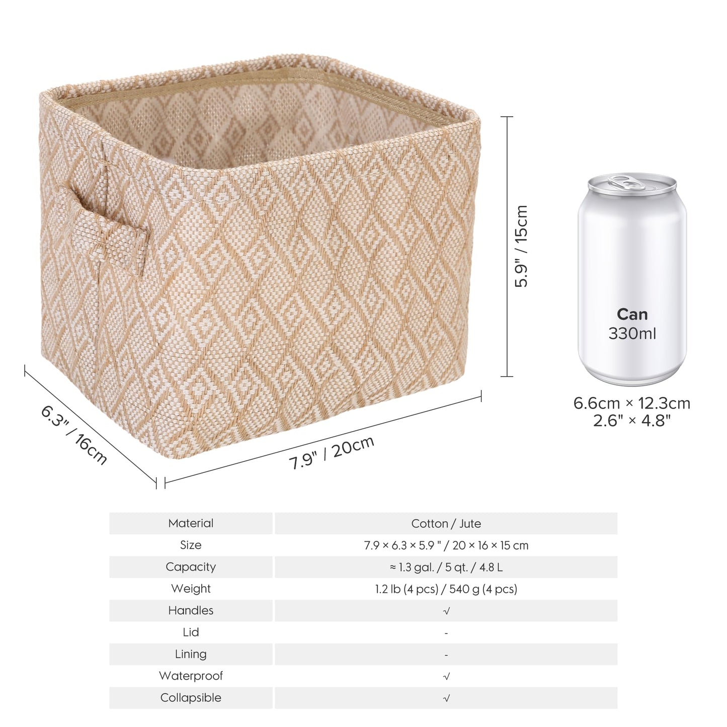 Sea Team 4.5L Mini Size Jute Storage Basket 4pcs Square Box with Double Handles Table and Room Small Items Storage Expert