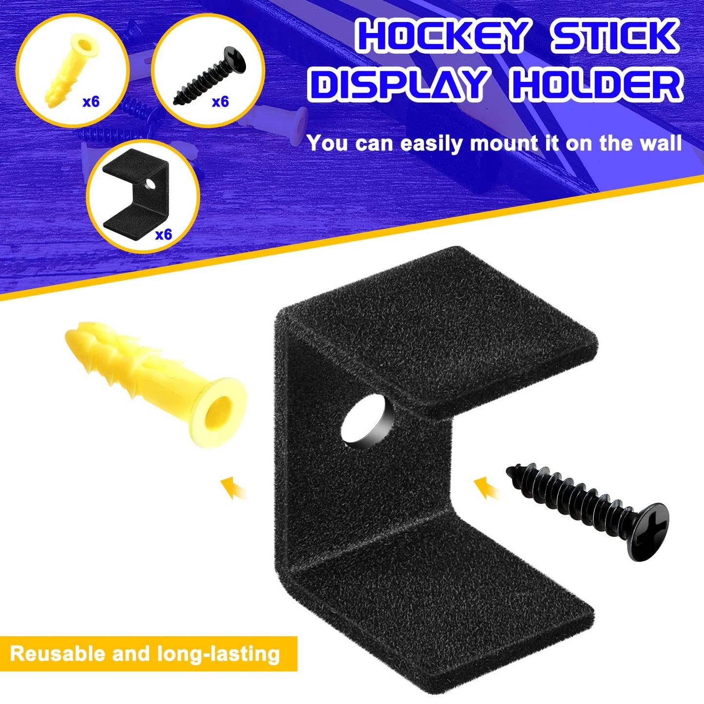 Dunzy 6 Pcs Black Hockey Stick Wall Mount Display Holder Display Hanger Ice Hockey Stick Mount for Wall Bracket for Home Office Storage Organizer
