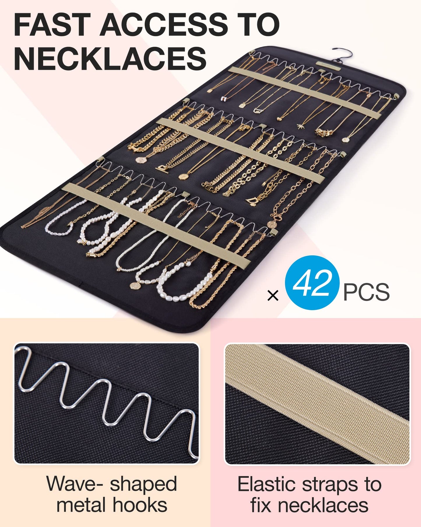 bagsmart Dual-sided Jewelry Organizer Hanging with Metal Hooks,32 Pockets and 3 Wave-Shaped Hooks,Jewelry Roll for Earrings,Necklaces,Rings on