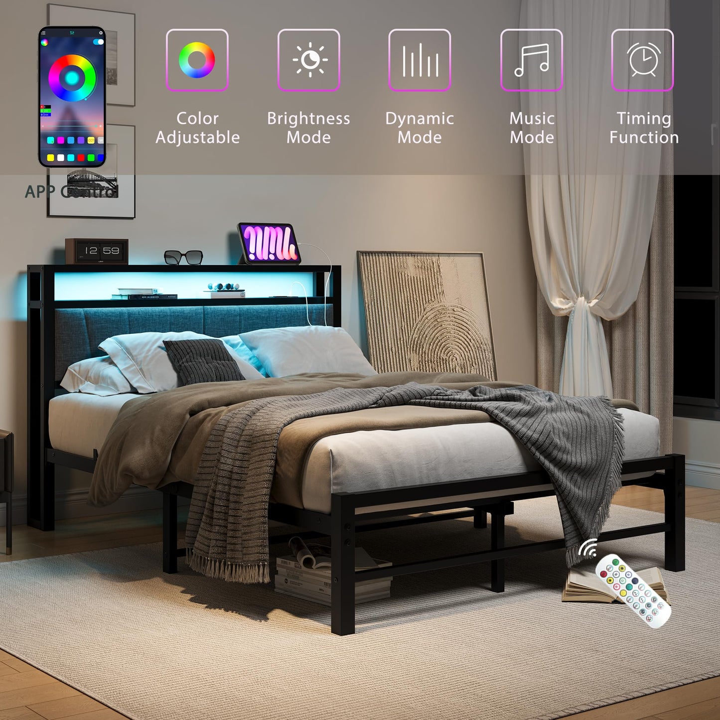 BORPHOM King Size Bed Frame with Storage and LED Lights,5ft Metal Platform Bed Frame King Size Bed Base with Charging Station,Mattress Base,Strong