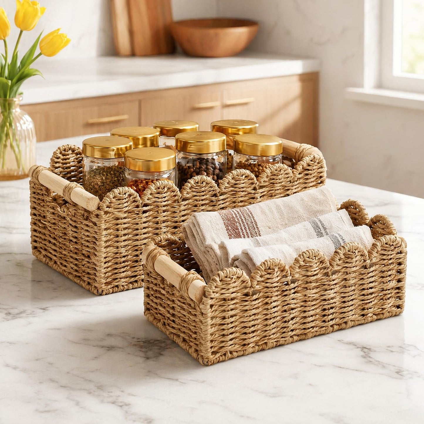 2 PCS Rattan Scalloped Basket, Wicker Storage Basket for Countertop Shelves with Wooden Handles