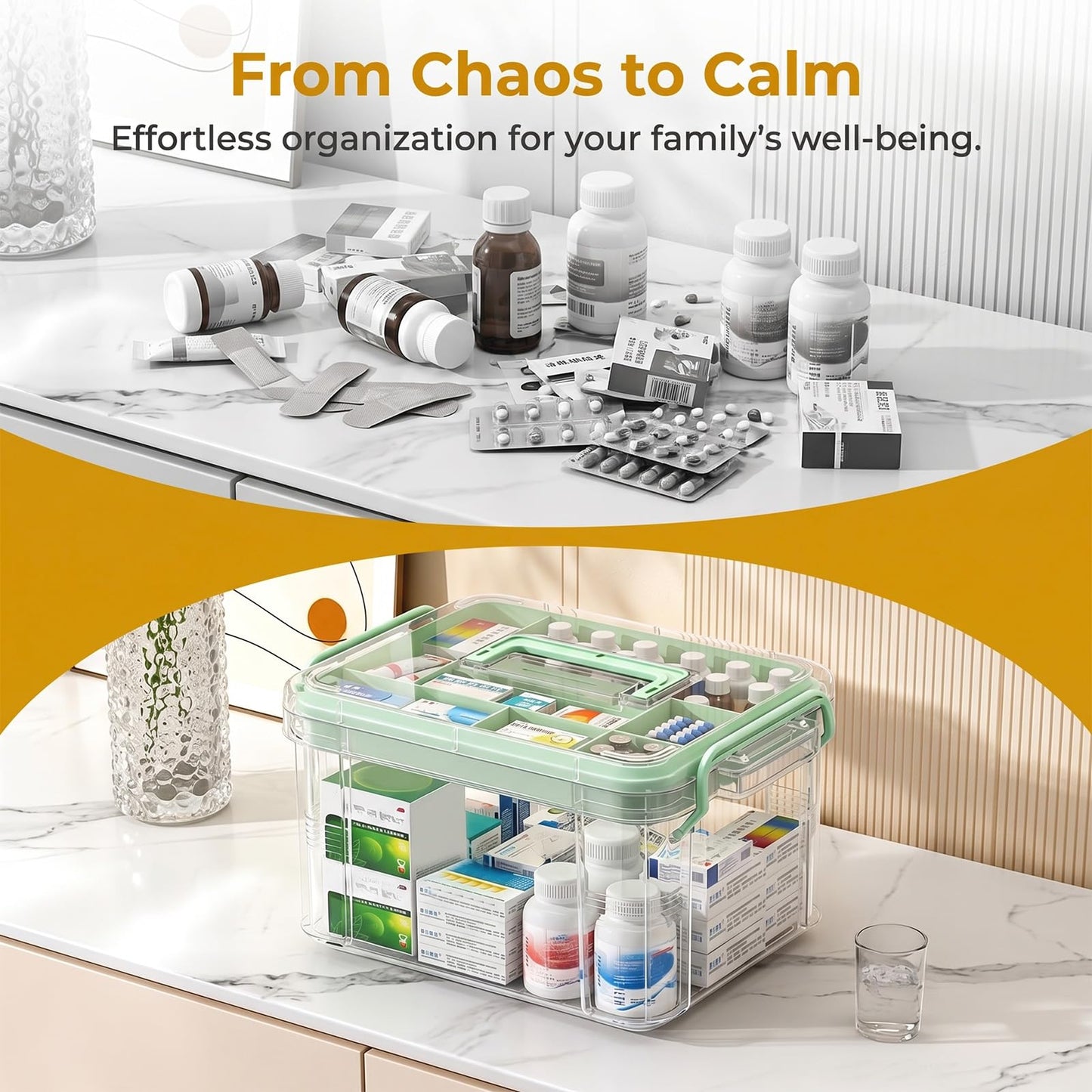 Small Medicine Storage Box, 2 Layer First Aid Box Organizer with Smooth Top Handle and Removable Tray Partitioned